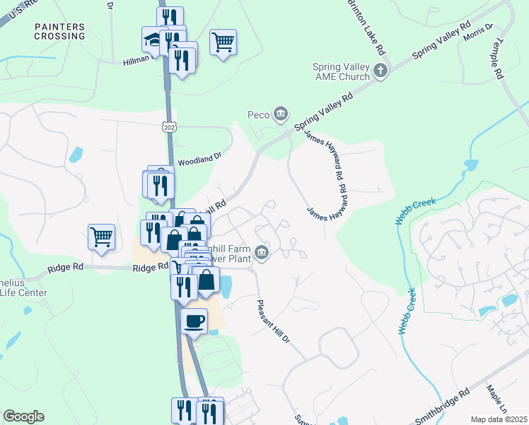 map of restaurants, bars, coffee shops, grocery stores, and more near 2204 Windfield Court in Glen Mills