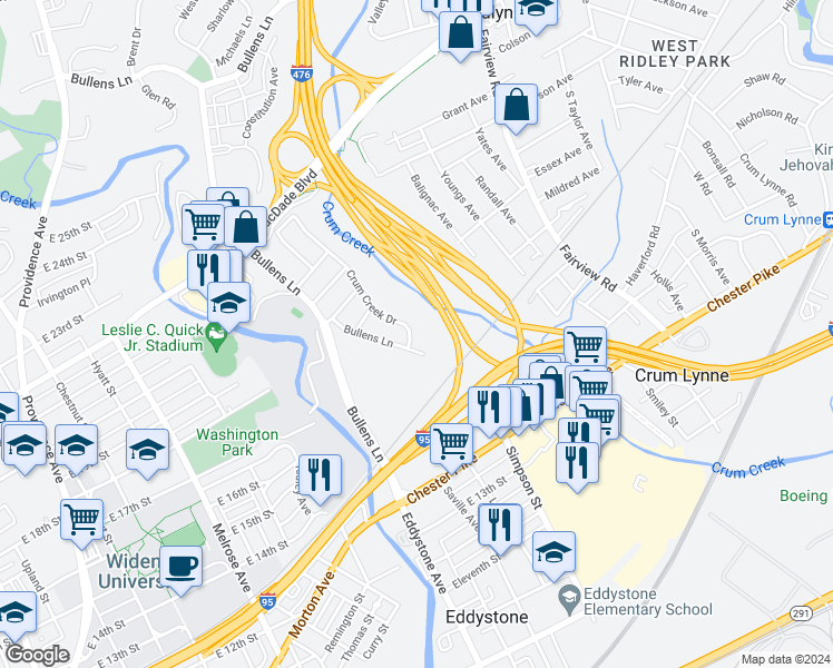 map of restaurants, bars, coffee shops, grocery stores, and more near 118 Crum Creek Drive in Woodlyn
