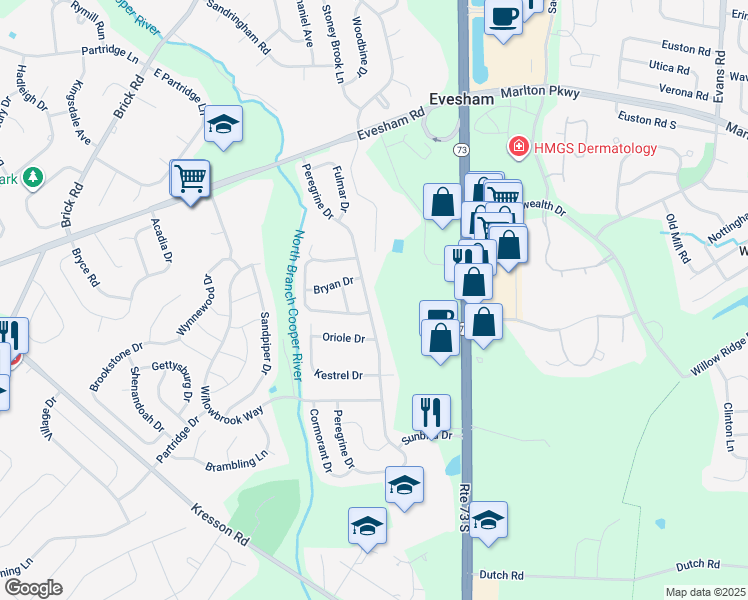 map of restaurants, bars, coffee shops, grocery stores, and more near 75 Peregrine Drive in Voorhees Township