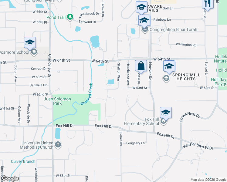 map of restaurants, bars, coffee shops, grocery stores, and more near 6163 Foxwood Lane in Indianapolis