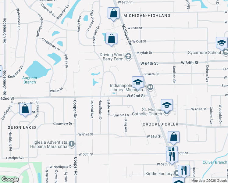 map of restaurants, bars, coffee shops, grocery stores, and more near 6210 Cooper Pointe Drive in Indianapolis