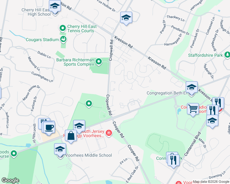 map of restaurants, bars, coffee shops, grocery stores, and more near 40 Lafayette Lane in Cherry Hill