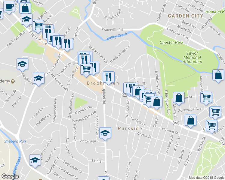 map of restaurants, bars, coffee shops, grocery stores, and more near 3206 Edgmont Avenue in Brookhaven