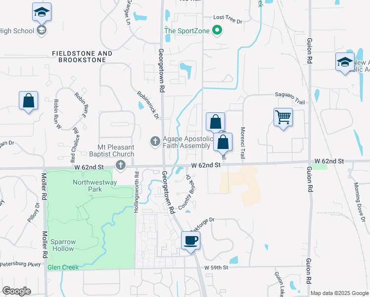 map of restaurants, bars, coffee shops, grocery stores, and more near 6238 Bishops Pond Drive in Indianapolis