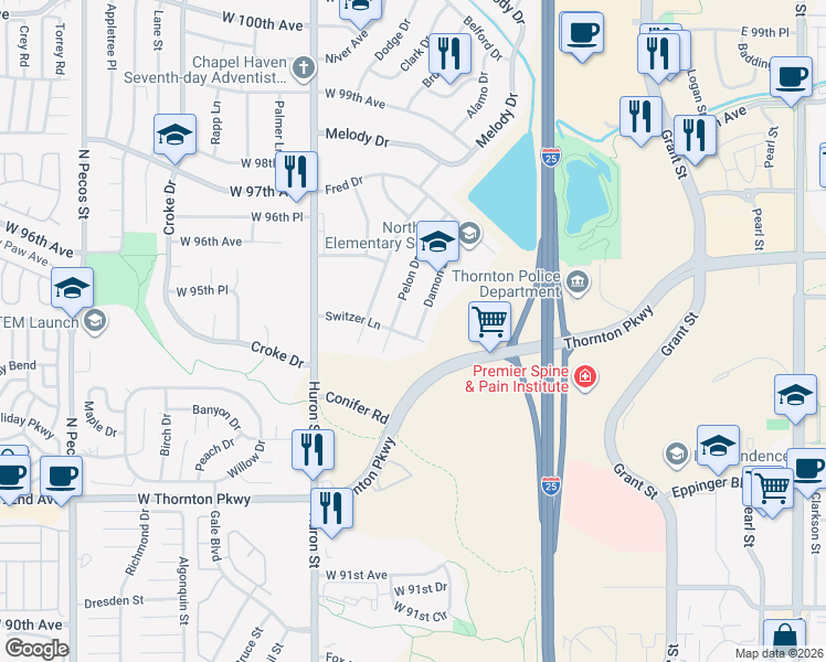 map of restaurants, bars, coffee shops, grocery stores, and more near 421 Switzer Lane in Thornton