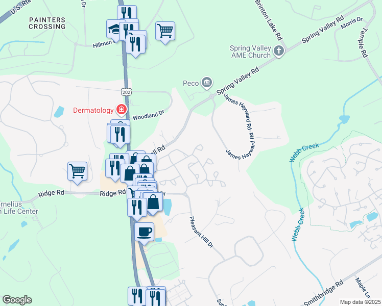 map of restaurants, bars, coffee shops, grocery stores, and more near 2407 Windfield Court in Delaware County