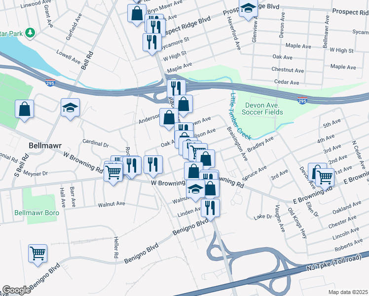 map of restaurants, bars, coffee shops, grocery stores, and more near 42 North Black Horse Pike in Bellmawr