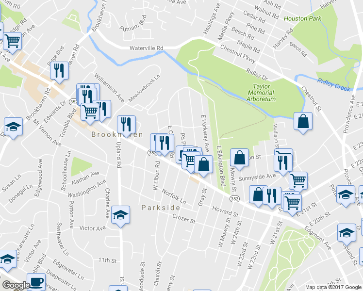 map of restaurants, bars, coffee shops, grocery stores, and more near 122 East Roland Road in Brookhaven