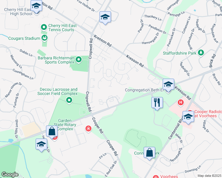 map of restaurants, bars, coffee shops, grocery stores, and more near 1701 Chanticleer in Cherry Hill
