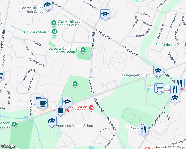 map of restaurants, bars, coffee shops, grocery stores, and more near 40 Lafayette Lane in Cherry Hill