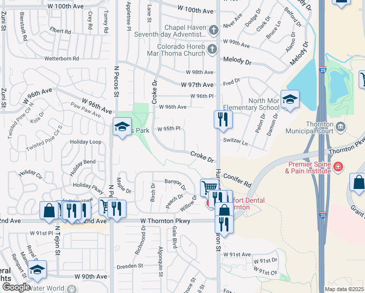 map of restaurants, bars, coffee shops, grocery stores, and more near 9423 Jason Way in Thornton