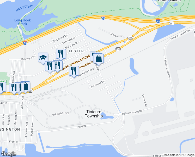 map of restaurants, bars, coffee shops, grocery stores, and more near 331 Massasoit Street in Tinicum Township