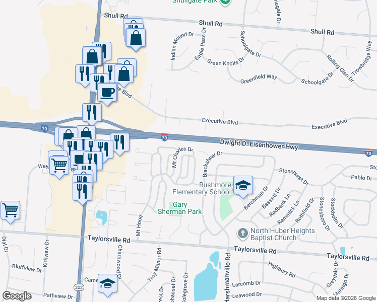 map of restaurants, bars, coffee shops, grocery stores, and more near 8224 Mount Charles Drive in Dayton