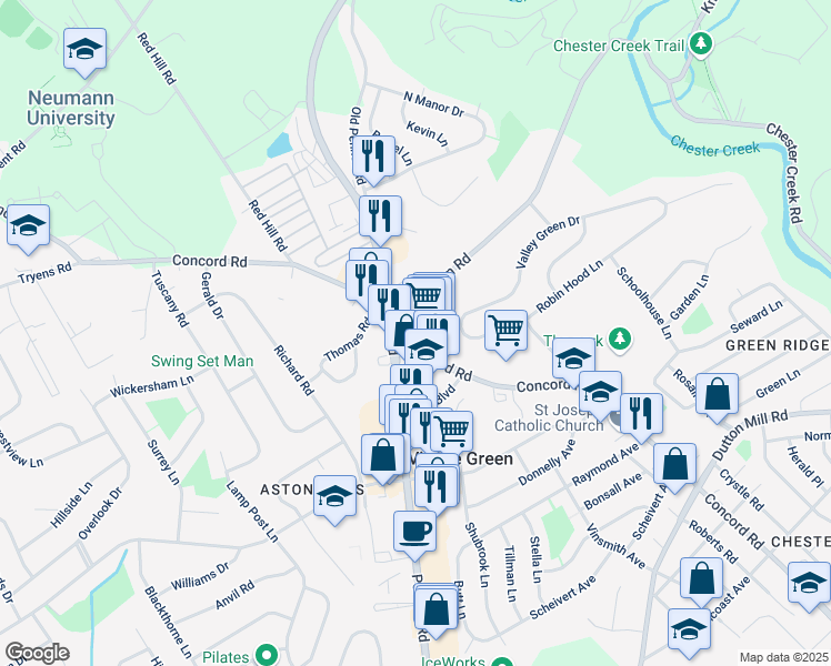 map of restaurants, bars, coffee shops, grocery stores, and more near 3500 Concord Road in Aston