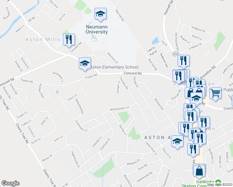 map of restaurants, bars, coffee shops, grocery stores, and more near 140 Sweigart Lane in Aston