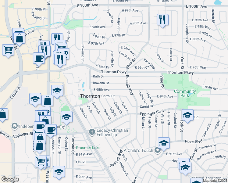 map of restaurants, bars, coffee shops, grocery stores, and more near 1420 East 95th Avenue in Thornton