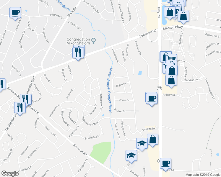 map of restaurants, bars, coffee shops, grocery stores, and more near 25 Christopher Road in Voorhees Township