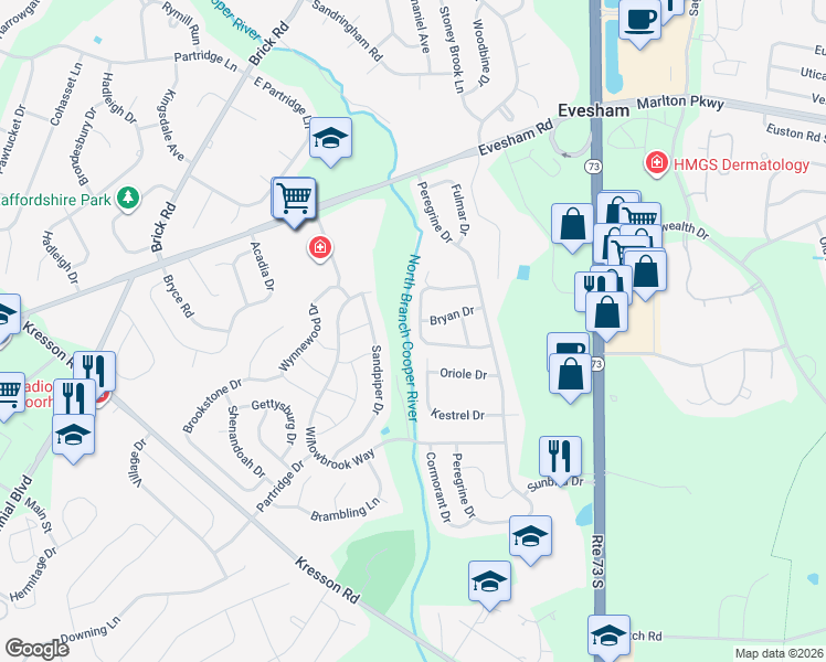 map of restaurants, bars, coffee shops, grocery stores, and more near 25 Christopher Road in Voorhees Township