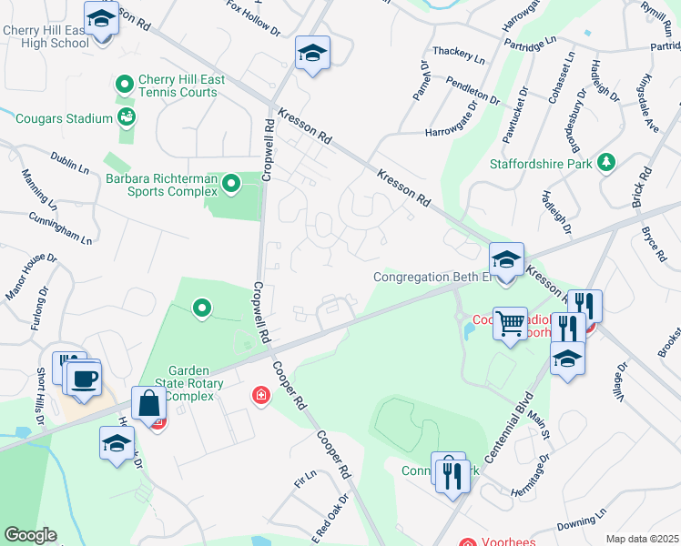 map of restaurants, bars, coffee shops, grocery stores, and more near 1701 Chanticleer in Cherry Hill