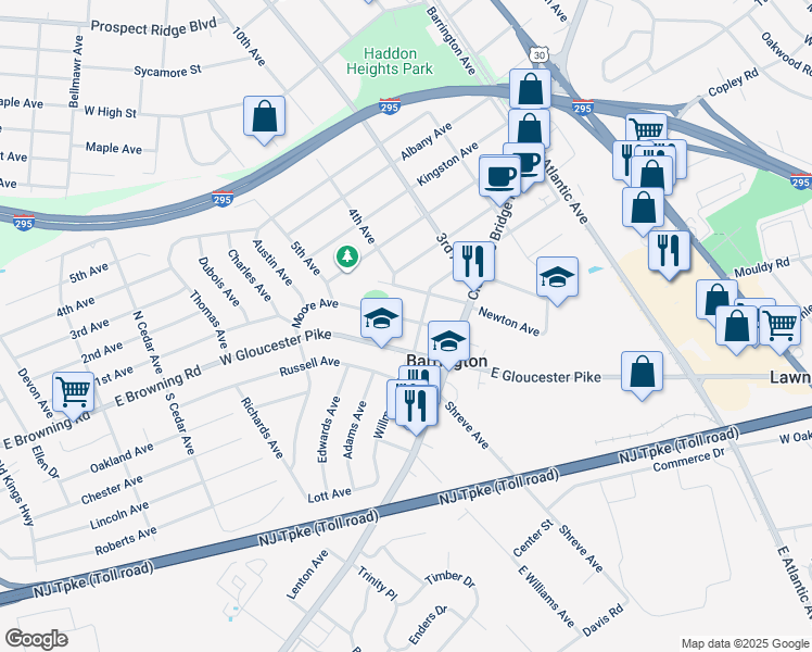 map of restaurants, bars, coffee shops, grocery stores, and more near 106 Moore Avenue in Barrington