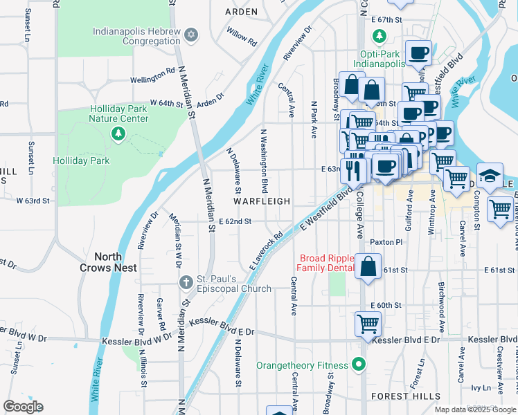 map of restaurants, bars, coffee shops, grocery stores, and more near 6220 North Washington Boulevard in Indianapolis