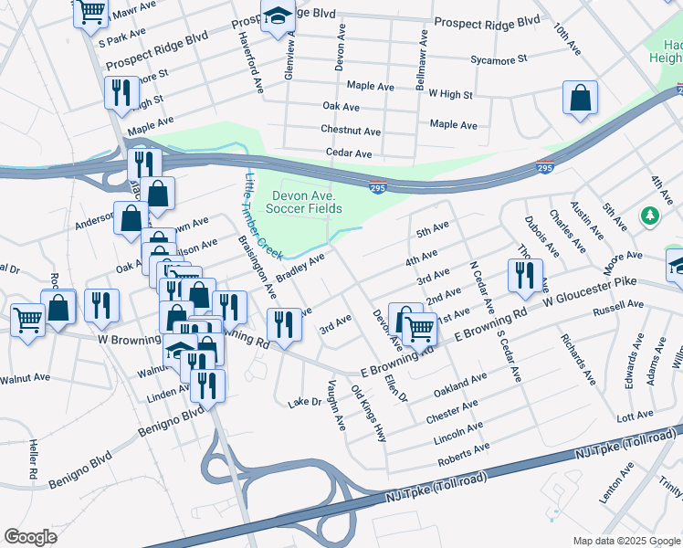 map of restaurants, bars, coffee shops, grocery stores, and more near 108 Devon Avenue in Bellmawr