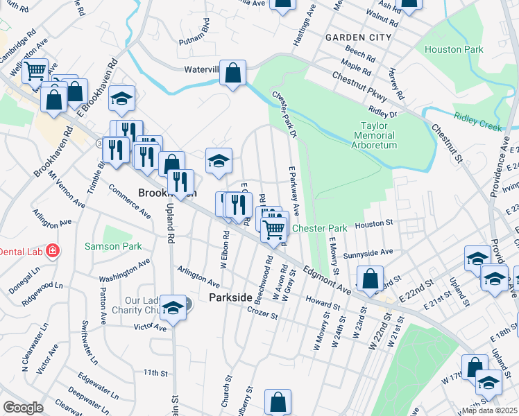 map of restaurants, bars, coffee shops, grocery stores, and more near 122 East Roland Road in Brookhaven