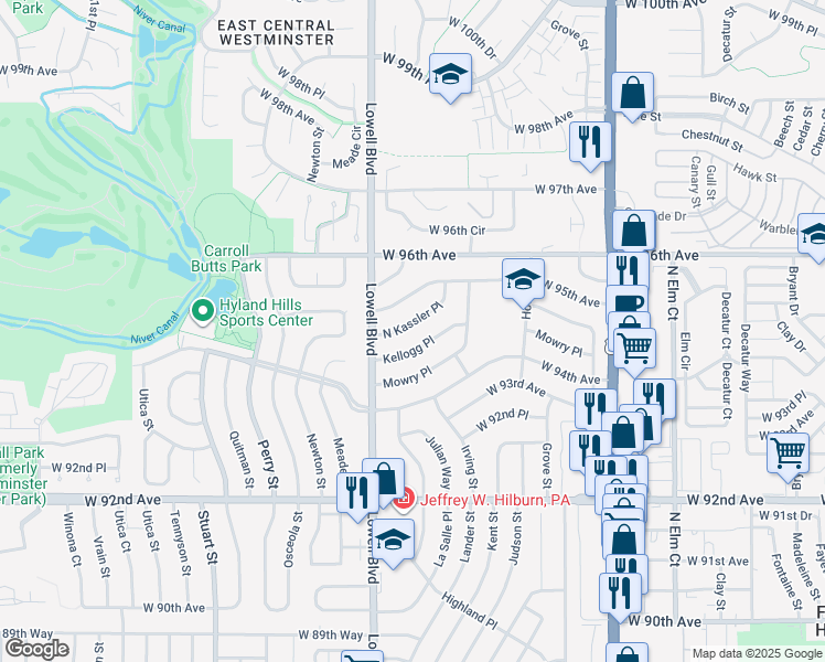 map of restaurants, bars, coffee shops, grocery stores, and more near 3470 North Kassler Place in Westminster
