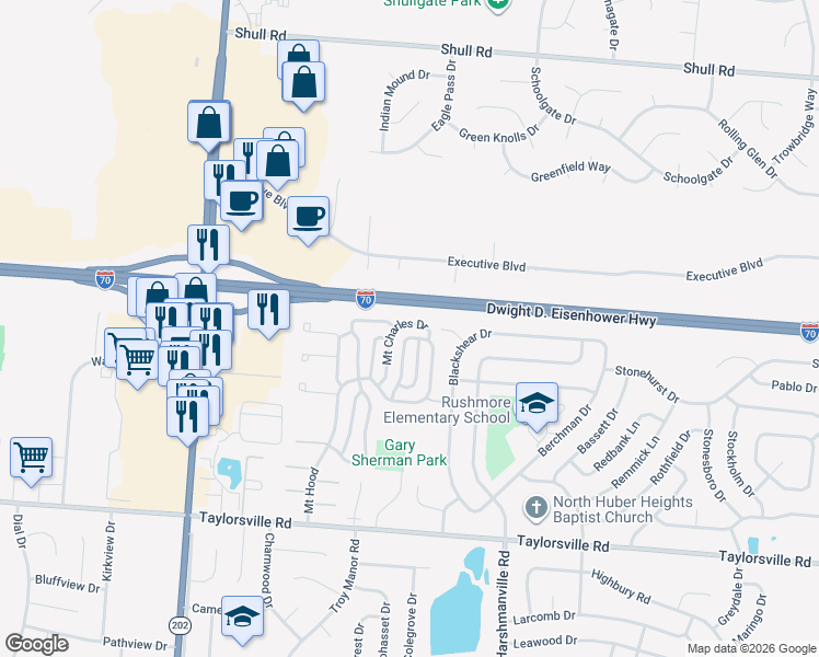 map of restaurants, bars, coffee shops, grocery stores, and more near 8209 Mount Washington Drive in Huber Heights
