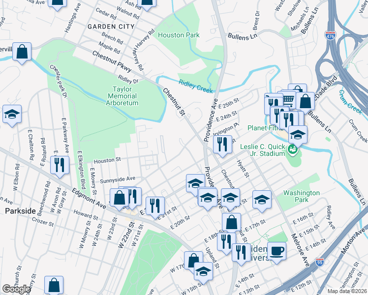 map of restaurants, bars, coffee shops, grocery stores, and more near East 24th Street in Chester