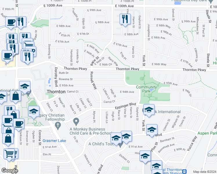 map of restaurants, bars, coffee shops, grocery stores, and more near 9481 High Street in Thornton