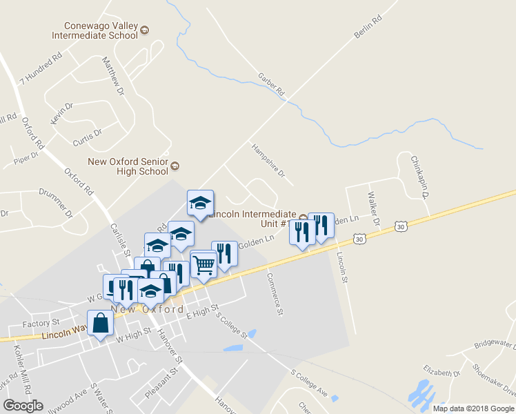 map of restaurants, bars, coffee shops, grocery stores, and more near 118 Billerbeck St in New Oxford