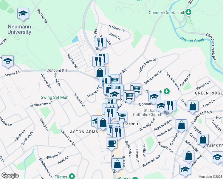 map of restaurants, bars, coffee shops, grocery stores, and more near 3500 Concord Road in Aston