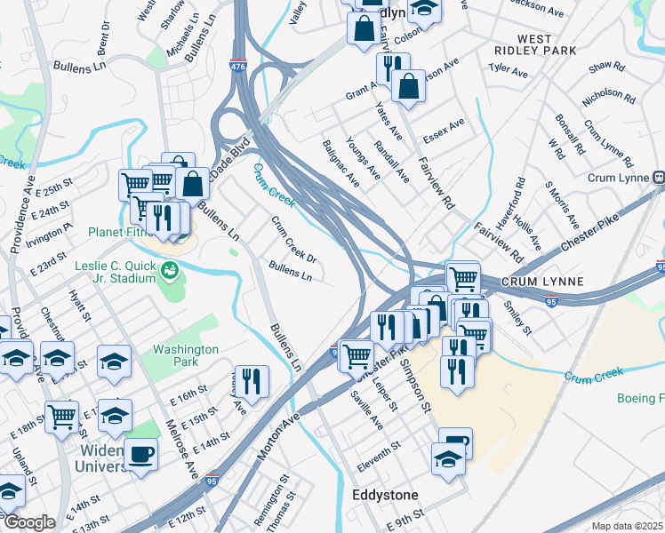 map of restaurants, bars, coffee shops, grocery stores, and more near 118 Crum Creek Drive in Woodlyn