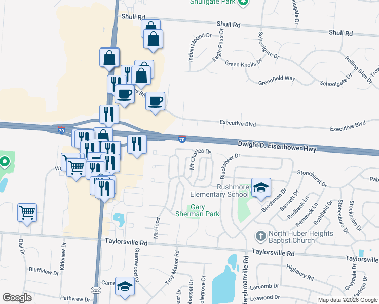map of restaurants, bars, coffee shops, grocery stores, and more near 8231 Mount Mansfield in Dayton