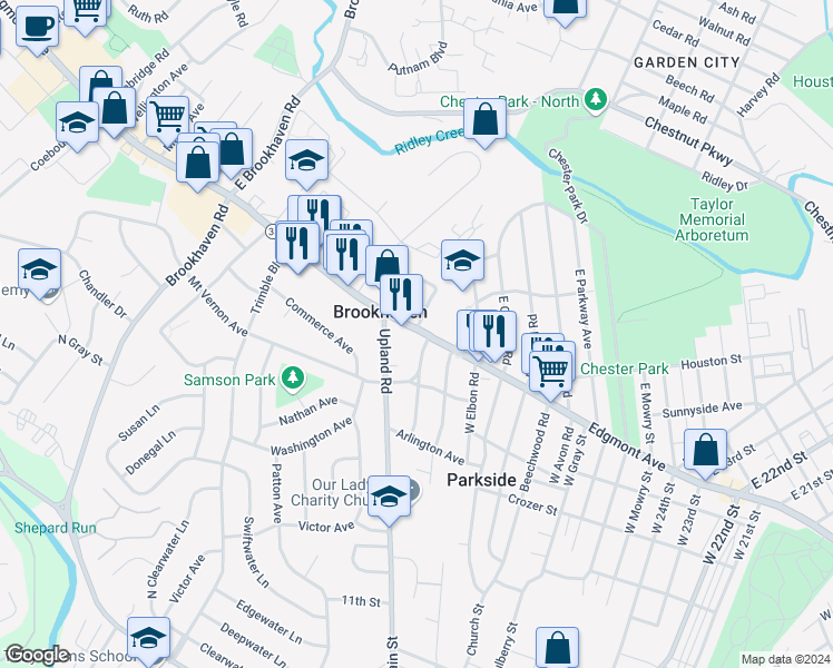 map of restaurants, bars, coffee shops, grocery stores, and more near 3206 Edgmont Avenue in Brookhaven