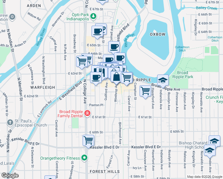 map of restaurants, bars, coffee shops, grocery stores, and more near 920 East 62nd Street in Indianapolis