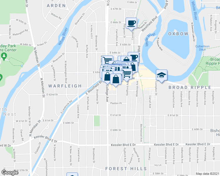 map of restaurants, bars, coffee shops, grocery stores, and more near 6220 Carrollton Avenue in Indianapolis