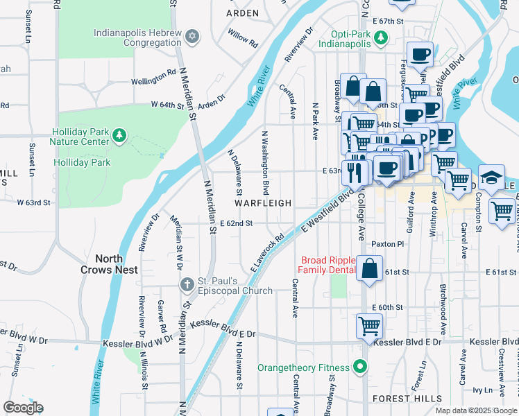 map of restaurants, bars, coffee shops, grocery stores, and more near 6220 North Washington Boulevard in Indianapolis
