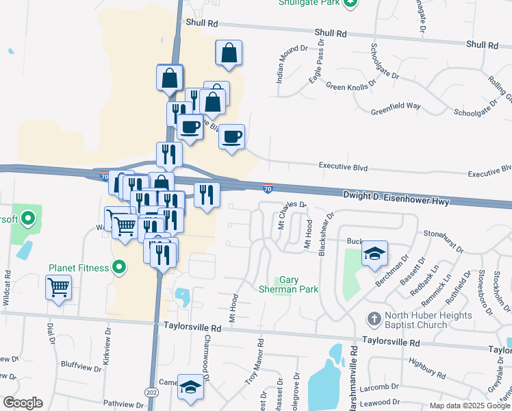 map of restaurants, bars, coffee shops, grocery stores, and more near 8211 Mount Mc Kinley in Dayton