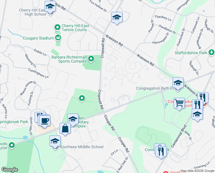 map of restaurants, bars, coffee shops, grocery stores, and more near 1501 Chanticleer in Cherry Hill