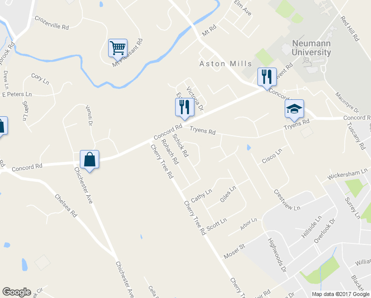 map of restaurants, bars, coffee shops, grocery stores, and more near 521 Schick Road in Aston