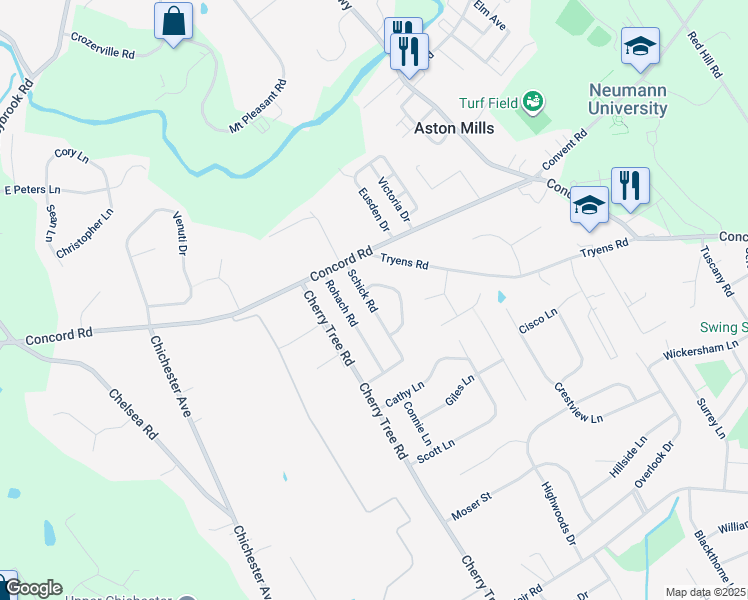map of restaurants, bars, coffee shops, grocery stores, and more near 521 Schick Road in Aston