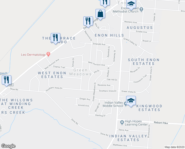 map of restaurants, bars, coffee shops, grocery stores, and more near 4311 Joy Drive in Enon