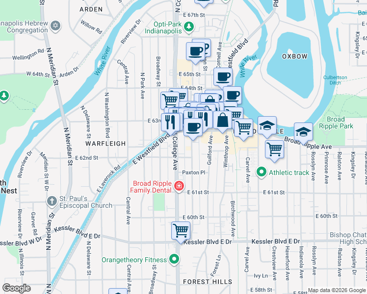 map of restaurants, bars, coffee shops, grocery stores, and more near 6220 Carrollton Avenue in Indianapolis