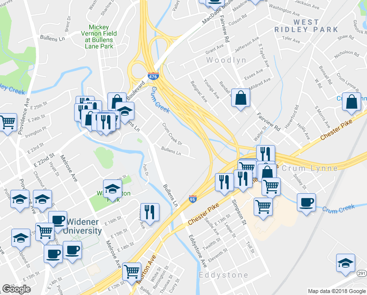 map of restaurants, bars, coffee shops, grocery stores, and more near 141 Crum Creek Drive in Woodlyn