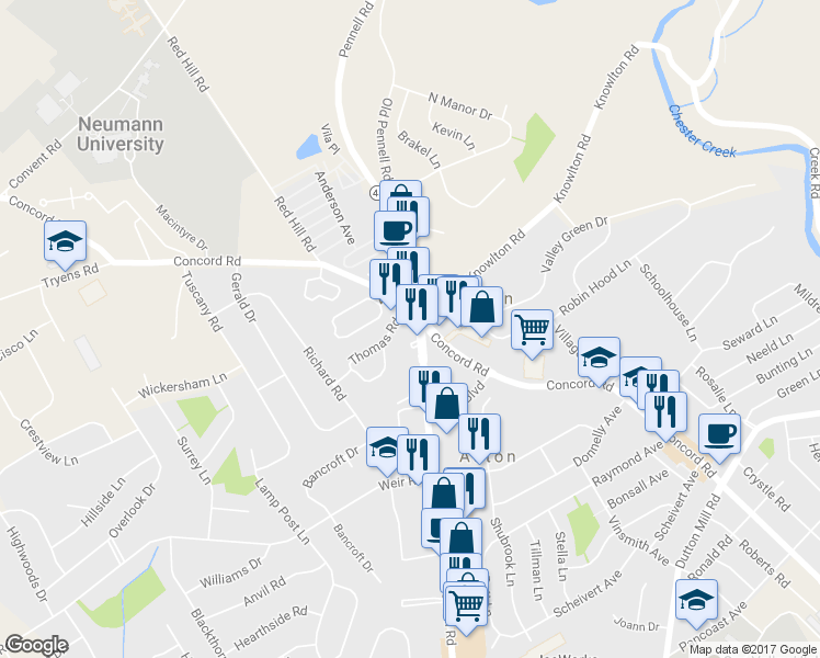 map of restaurants, bars, coffee shops, grocery stores, and more near 298 Pennell Road in Aston