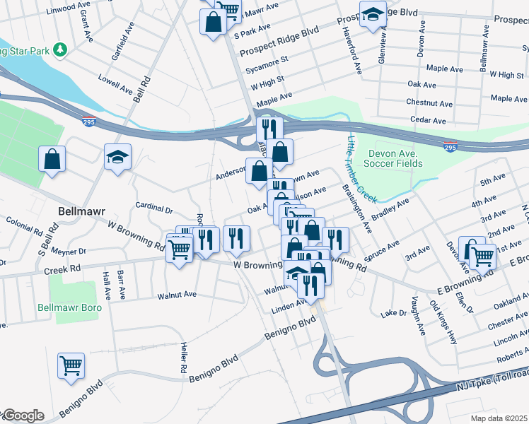 map of restaurants, bars, coffee shops, grocery stores, and more near 42 Oak Avenue in Bellmawr