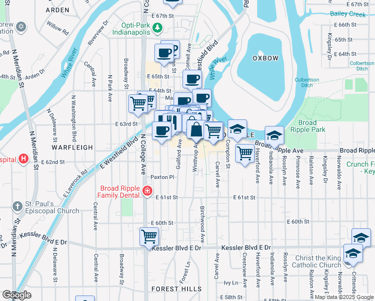 map of restaurants, bars, coffee shops, grocery stores, and more near 920 East 62nd Street in Indianapolis