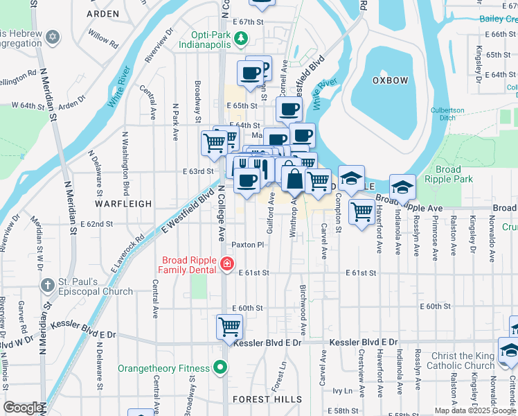 map of restaurants, bars, coffee shops, grocery stores, and more near 6220 Guilford Avenue in Indianapolis